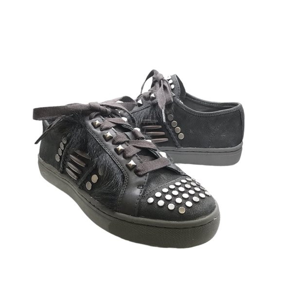 UGG BLACK STUDDED FUR LACE-UP Biker Chic LEATHER PLATFORM SHOES! SIZE 7! - Picture 6 of 14